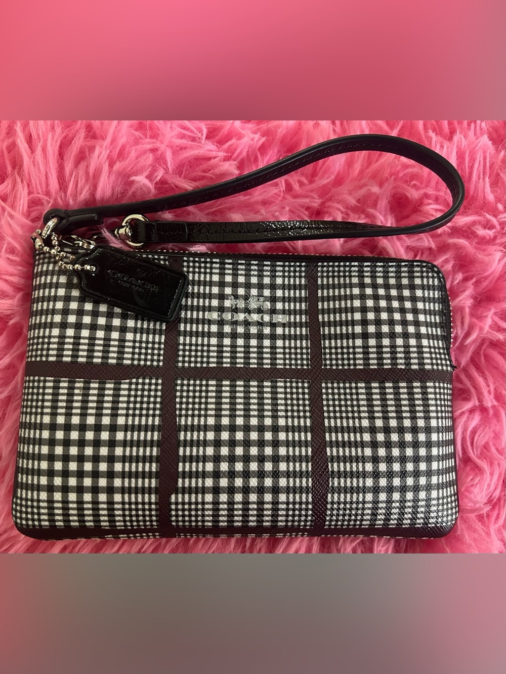 Coach Glen Plaid Coated Canvas Corner Zip Wristlet